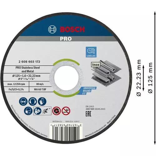 BOSCH Rezací kotúč PRO Stainless Steel and Metal, 125 × 1.6 × 22,23 mm, rovný (3)