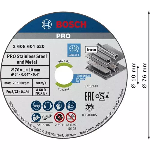 BOSCH Rezací kotúč PRO Stainless Steel and Metal, 76 × 1 × 10 mm (5)