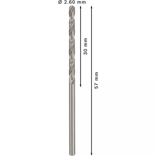 BOSCH Špirálový vrták PRE Metal HSS-G štandardnej dĺžky, 2,6 × 30 × 57 mm, 10 ks