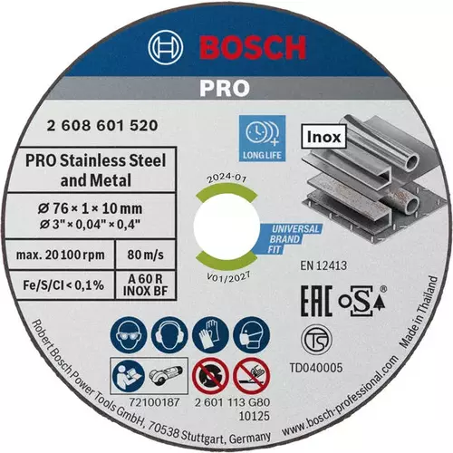 BOSCH Rezací kotúč PRO Stainless Steel and Metal, 76 × 1 × 10 mm (6)