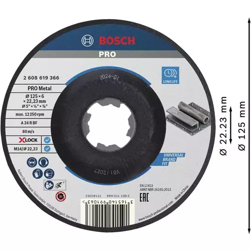 BOSCH Brúsny kotúč PRO Metal X-Lock, 125 × 6 × 22,23 mm, X-LOCK (3)