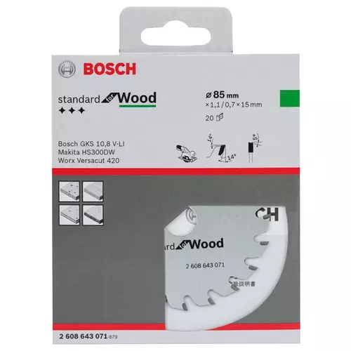 BOSCH Kotúč PRO Wood na drevo pre okružné píly, 85 x 1,1 x 15 mm (20)