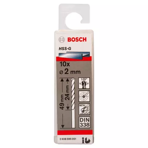 BOSCH Špirálový vrták PRE Metal HSS-G štandardnej dĺžky, 2 × 24 × 49 mm, 10 ks (20)