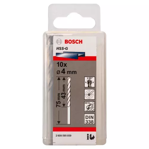 BOSCH Špirálový vrták PRE Metal HSS-G štandardnej dĺžky, 4 × 43 × 75 mm, 10 ks (20)