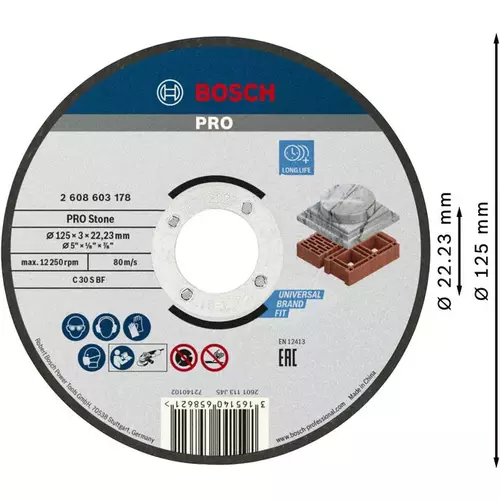 BOSCH Rezací kotúč PRO Stone, 125 x 3 x 22,23 mm (3)