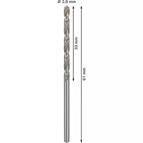 BOSCH Špirálový vrták PRE Metal HSS-G štandardnej dĺžky, 2,8 × 33 × 61 mm, 10 ks