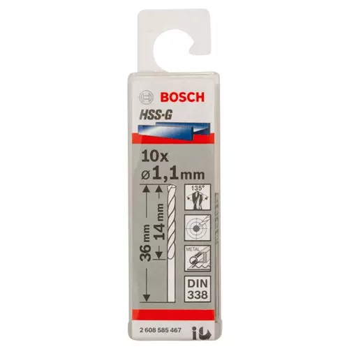 BOSCH Špirálový vrták PRE Metal HSS-G štandardnej dĺžky, 1,1 × 14 × 36 mm, 10 ks (20)