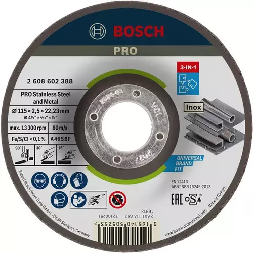 BOSCH Rezací kotúč 3-v-1 PRO Stainless Steel and Metal, 115 × 2,5 × 22,23 mm (3)