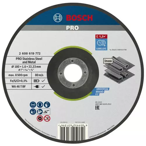 BOSCH Rezací kotúč PRO Stainless Steel and Metal, 180 × 1,6 × 22,23 mm, so stlačeným stredom (4)