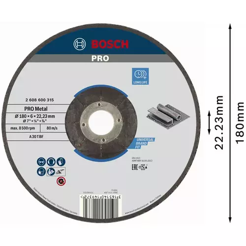 BOSCH Brúsny kotúč PRO Metal, 180 × 6 × 22,23 mm, oSa (3)