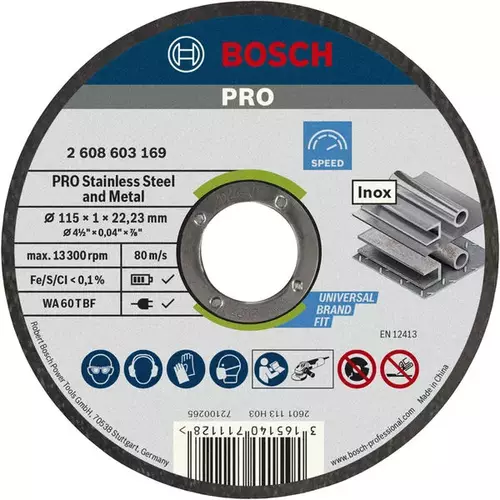 BOSCH Rezací kotúč PRO Stainless Steel and Metal, 115 × 1 × 22,23 mm, rovný (4)