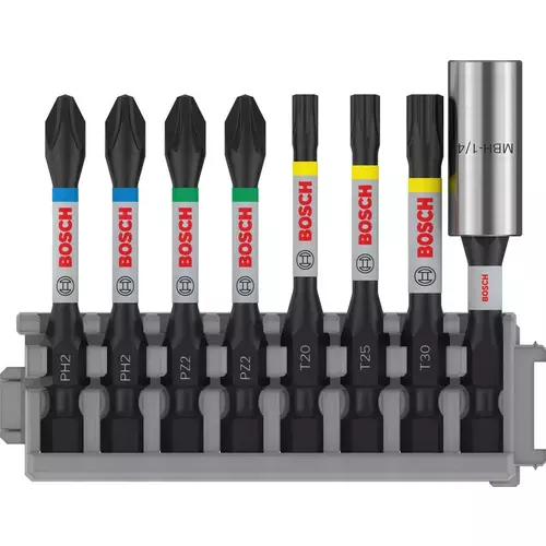 BOSCH Sada PRO Impact Set so štandardným držiakom bitov a Pick and Click balením, PH2 (2×), PZ2 (2×), T20, T25, T30, BH, 8 ks