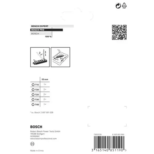 BOSCH Bit PRO Torx Impact, T15, T20 (x2), T25 (x2), T30 (x2), T40, 55 mm, 8 ks (6)