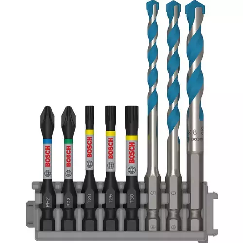 BOSCH 8-dielna sada PRO Impact Set s vrtákom Multi Construction a indexom Pick and Click, PH2 × 50 mm, PZ2 × 50 mm, T20 × 50 mm, T25 × 50 mm, T30 × 50 mm, MC 5/6/8 × 50, 8 ks