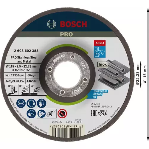 BOSCH Rezací kotúč 3-v-1 PRO Stainless Steel and Metal, 115 × 2,5 × 22,23 mm