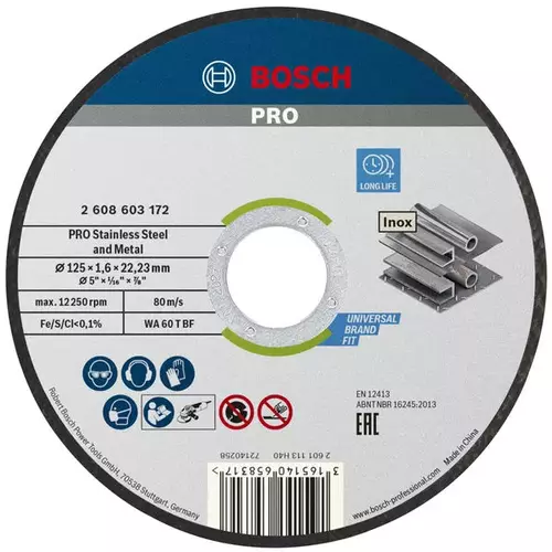 BOSCH Rezací kotúč PRO Stainless Steel and Metal, 125 × 1.6 × 22,23 mm, rovný (4)