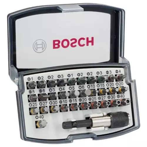 BOSCH 32-dielna sada skrutkovacích bitov PH, PZ, H, T a univerzálny držiak Quick Change