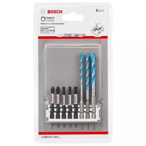 BOSCH 8-dielna sada PRO Impact Set s vrtákom Multi Construction a indexom Pick and Click, PH2 × 50 mm, PZ2 × 50 mm, T20 × 50 mm, T25 × 50 mm, T30 × 50 mm, MC 5/6/8 × 50, 8 ks (16)