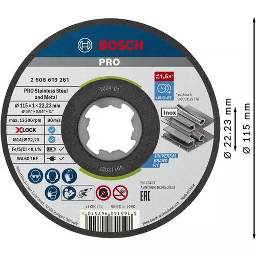 BOSCH Rezací kotúč PRO Stainless Steel and Metal, 115 × 1 × 22,23 mm, X-LOCK, rovný (3)