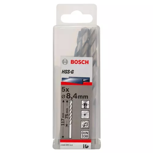 BOSCH Špirálový vrták PRE Metal HSS-G štandardnej dĺžky, 8,4 × 75 × 117 mm, 5 ks (20)