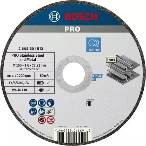 BOSCH Rezací kotúč PRO Stainless Steel and Metal, 150 × 1.6 × 22,23 mm, rovný (4)