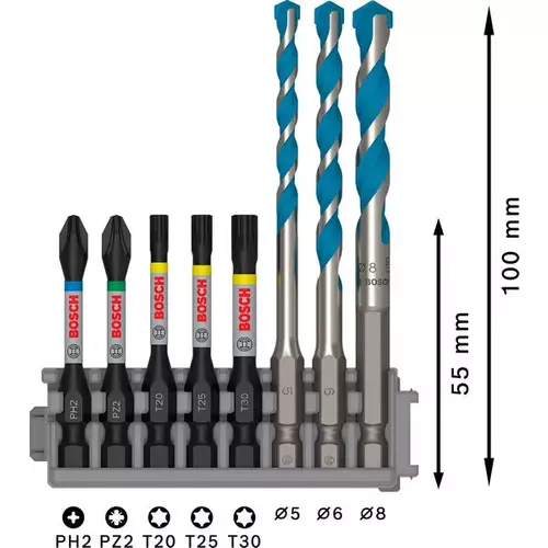 BOSCH 8-dielna sada PRO Impact Set s vrtákom Multi Construction a indexom Pick and Click, PH2 × 50 mm, PZ2 × 50 mm, T20 × 50 mm, T25 × 50 mm, T30 × 50 mm, MC 5/6/8 × 50, 8 ks (4)