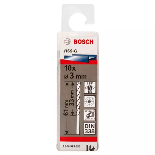 BOSCH Špirálový vrták PRE Metal HSS-G štandardnej dĺžky, 3 × 33 × 61 mm, 10 ks (20)