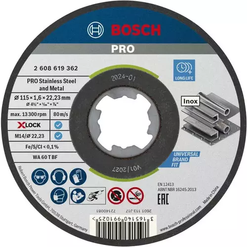 BOSCH Rezací kotúč PRO Stainless Steel and Metal, 115 × 1.6 × 22,23 mm, X-LOCK, rovný (4)