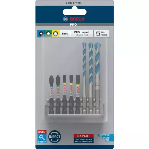 BOSCH 8-dielna sada PRO Impact Set s vrtákom Multi Construction a indexom Pick and Click, PH2 × 50 mm, PZ2 × 50 mm, T20 × 50 mm, T25 × 50 mm, T30 × 50 mm, MC 5/6/8 × 50, 8 ks (3)