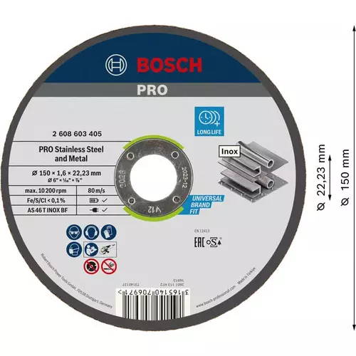 BOSCH Rezací kotúč PRO Stainless Steel and Metal, 150 × 1,6 × 22,23 mm, rovný, oSa (3)