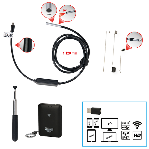 WiFi súprava obrazových osciloskopov s Ø 3,9 mm 0° HD sonda prednej kamery, 7-dielna