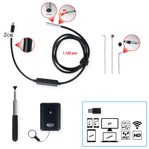 WiFi súprava obrazových osciloskopov s Ø 5,5 mm 0° HD sonda prednej kamery, 7-dielna