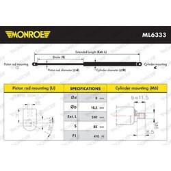 Plynová vzpera, kapota motora MONROE ML6333 - obr. 1