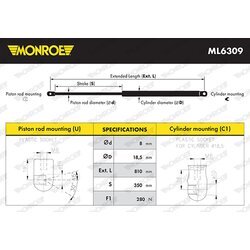 Plynová vzpera, kapota motora MONROE ML6309 - obr. 2