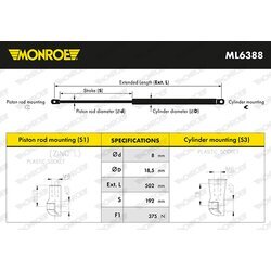 Pneumatická pružina, Batožinový/nákladný priestor MONROE ML6388 - obr. 1