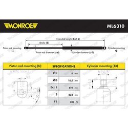 Plynová vzpera, kapota motora MONROE ML6310 - obr. 2