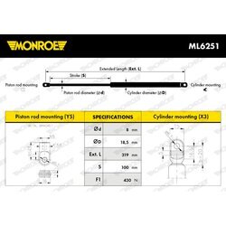 Plynová vzpera, kapota motora MONROE ML6251 - obr. 6