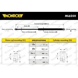 Plynová vzpera, kapota motora MONROE ML6250 - obr. 6