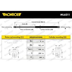 Pneumatická pružina, Batožinový/nákladný priestor MONROE ML6211 - obr. 2