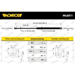 Plynová vzpera, kapota motora MONROE ML6011 - obr. 6