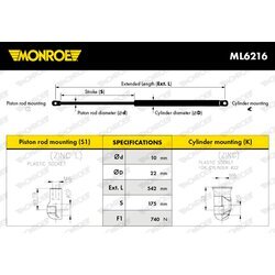 Pneumatická pružina, Batožinový/nákladný priestor MONROE ML6216 - obr. 1