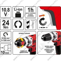 YATO Akumulátorový skrutkovač 10,8V LI-ION 2x, 350-1300 ot/min - obr. 7