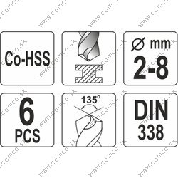 YATO Sada vrtákov na kov 6ks HSS-COBALT 2-8mm - obr. 2